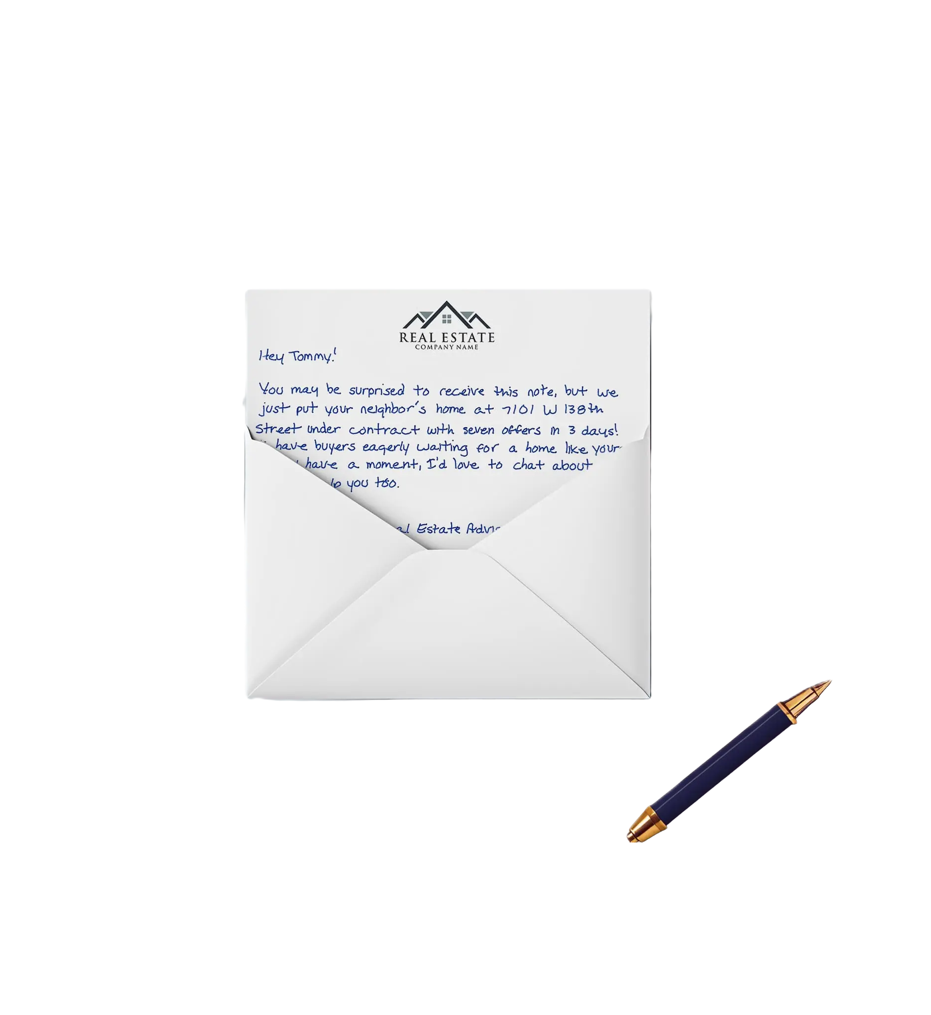 Handwritten envelope and letter set on a desk